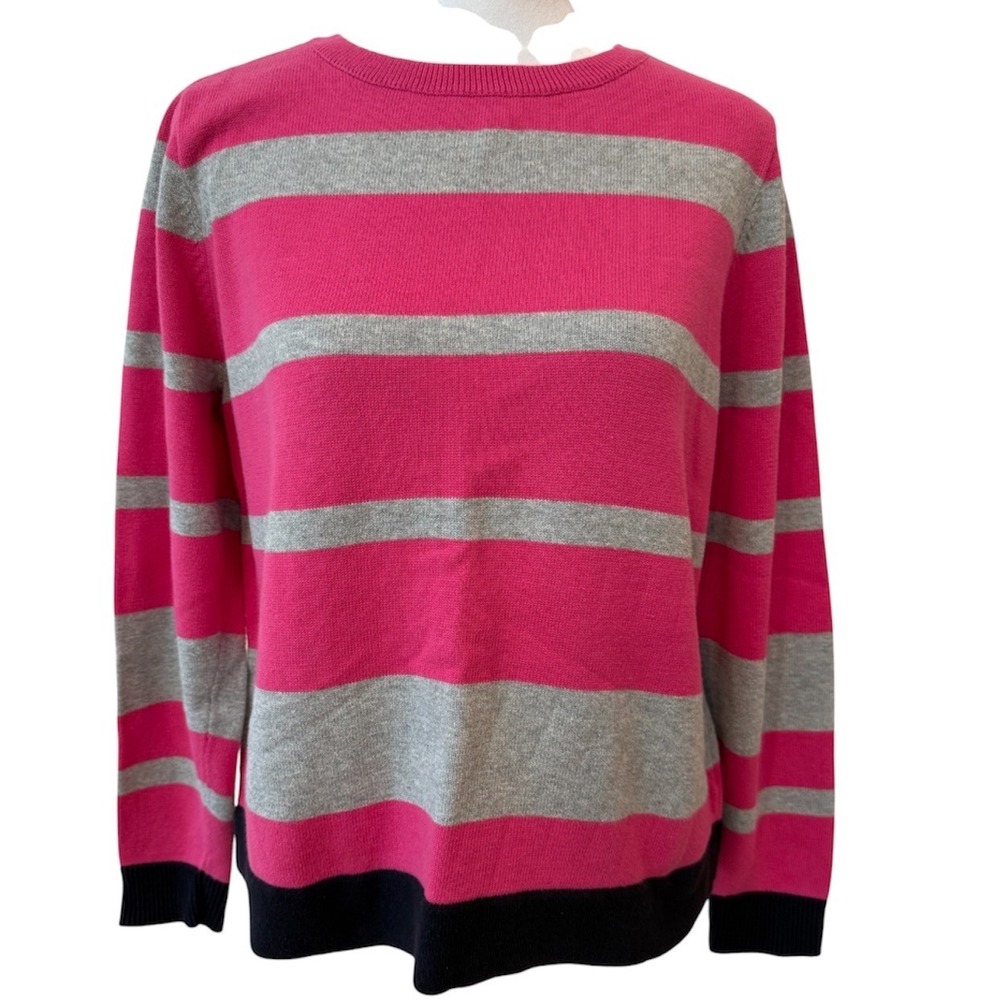 Liz Claiborne Womens Pink Grey Striped Cotton‎ Crewneck Sweater Large